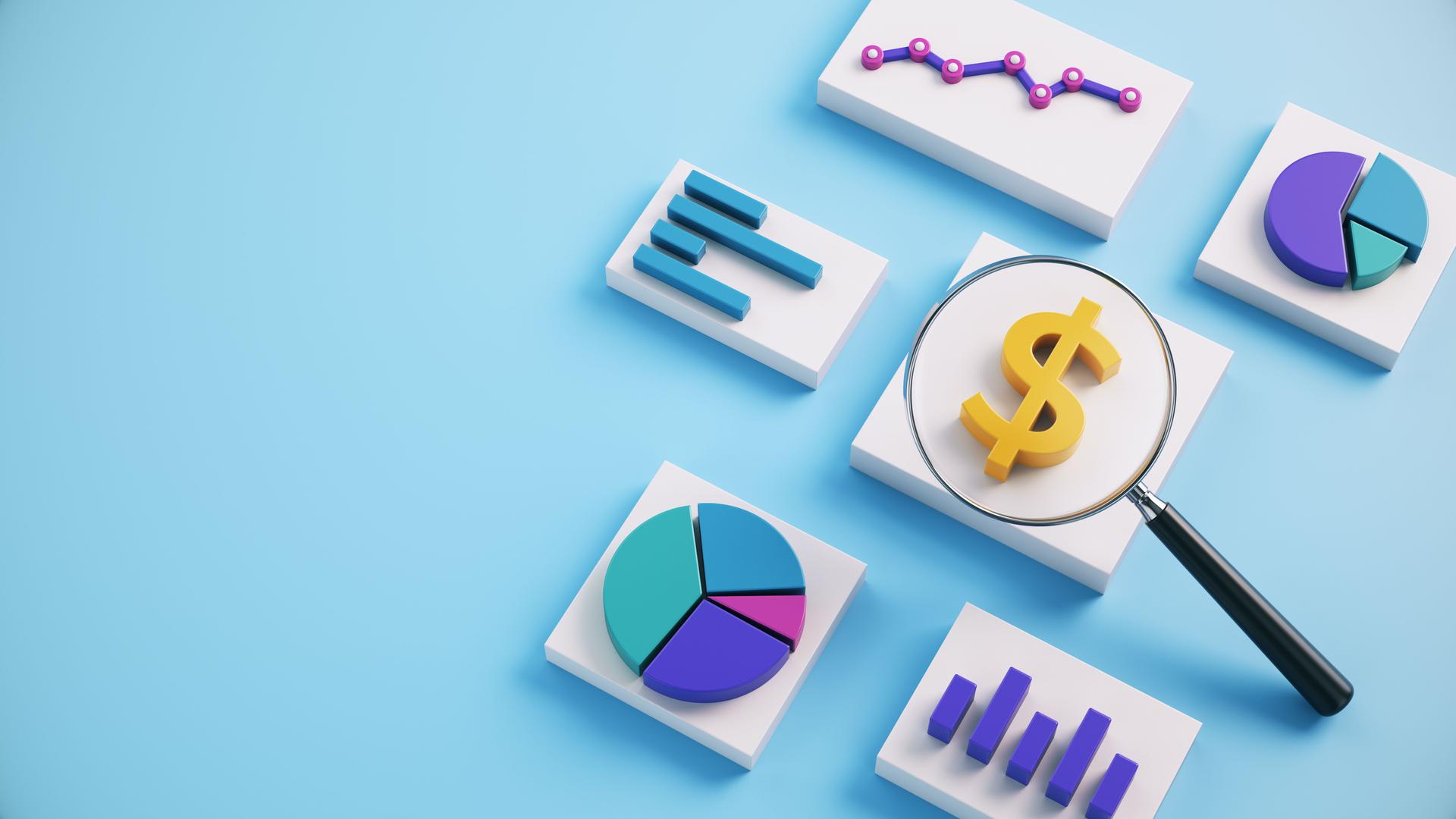 Magnifying Glass Over Dollar Sign and 3D Statistics Data Analysis Chart Graphic on Blue Background
