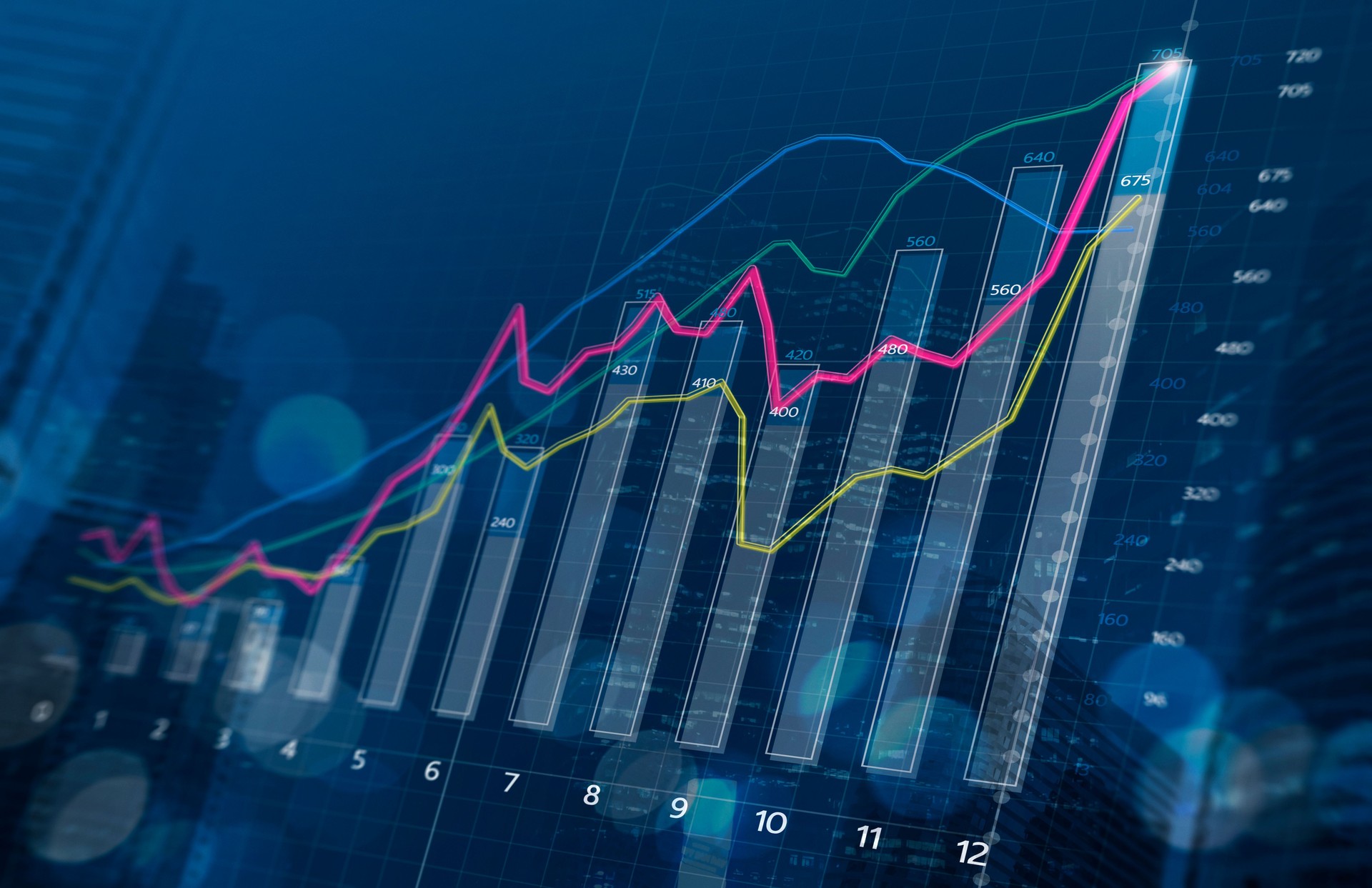 Business growth, progress or success concept. Financial bar chart and growing graphs with depth of field on dark blue background.