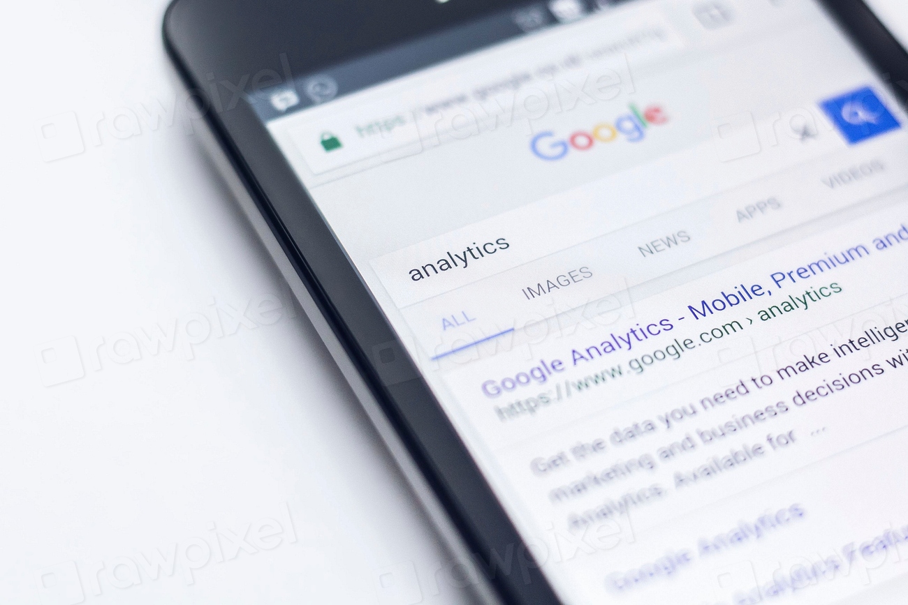 Phone screen showing a Google Analytics search